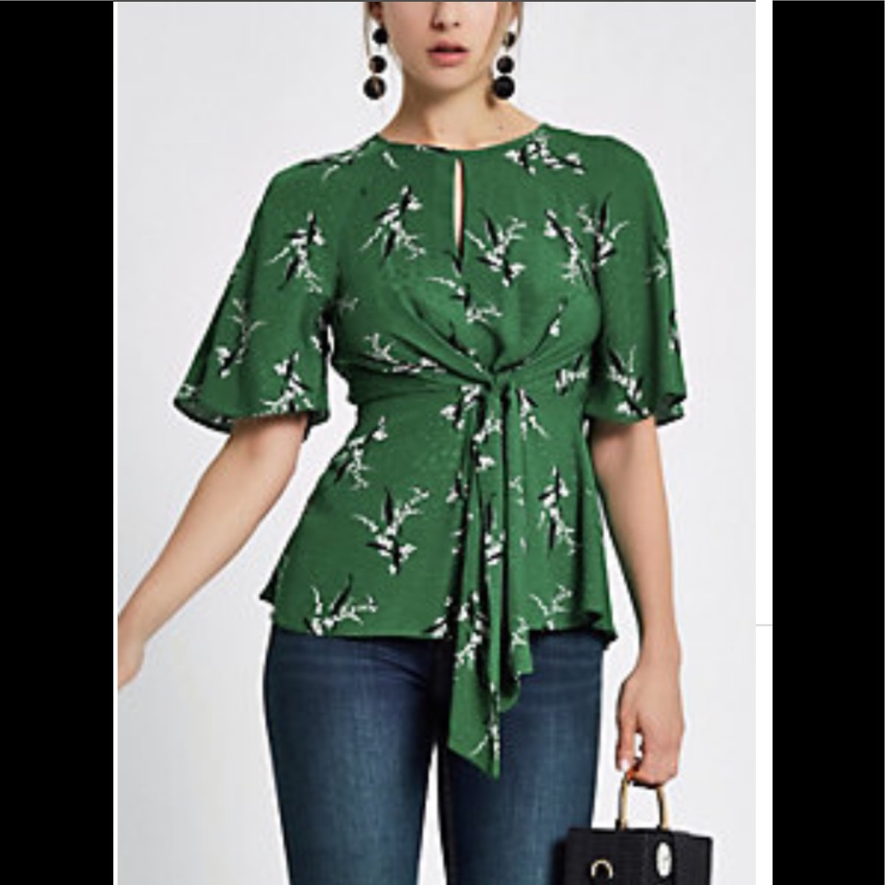 River Island Green Tie Front Blouse